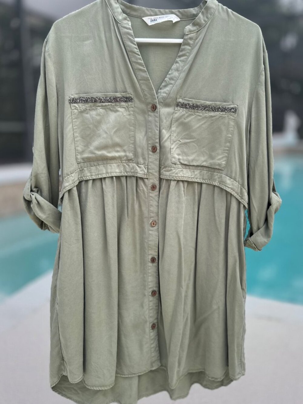 Zara Sage Green Embellished Pocket Shirt Dress Size M